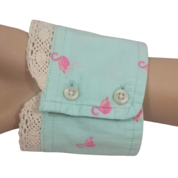 Handcrafted Re-Purposed Mint Green & Pink Flamingo Boho Shirt Cuff Bracelet - Picture 2 of 5